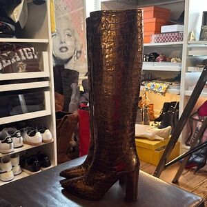 Unworn Paris Texas Embossed Leather Knee-High Boots in Metallic Bronze Size 38